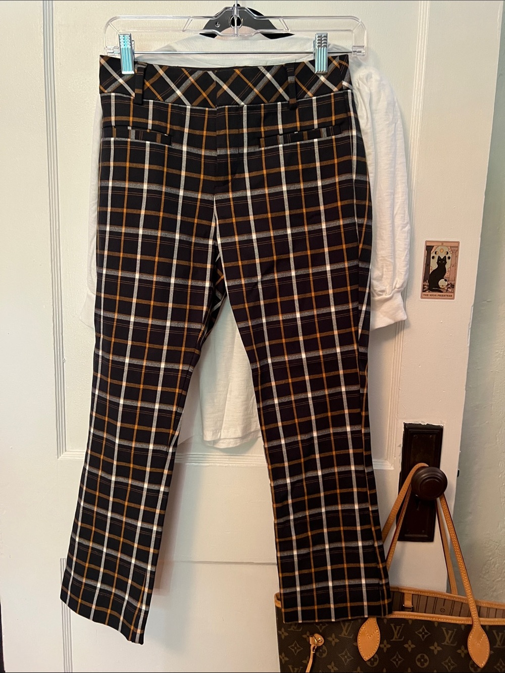 Anthropologie Black Plaid Pants with Mustard & Cream Accents